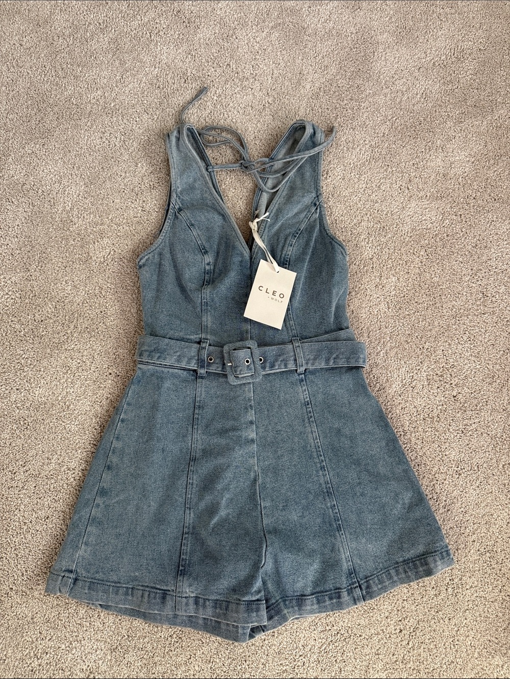 Denim Blue Belted Tie-Back Romper